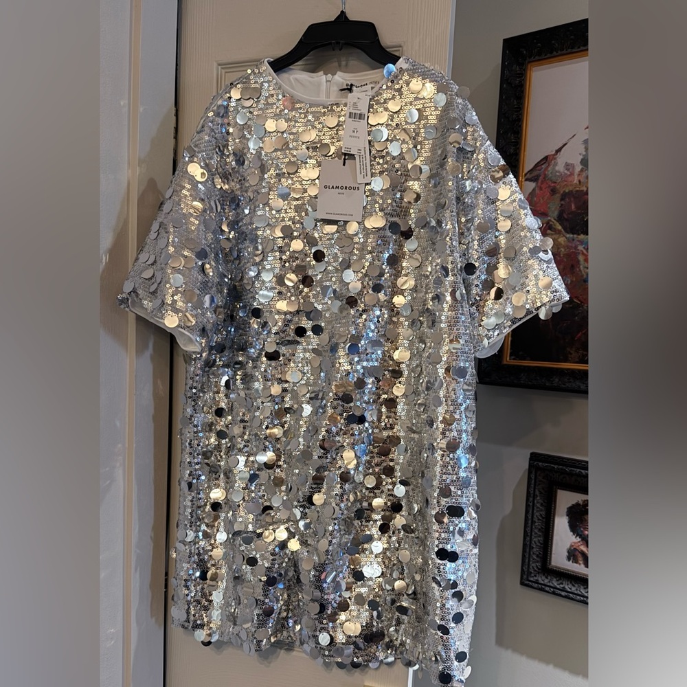 Glamorous Silver Sequin Short Sleeve Mini Dress